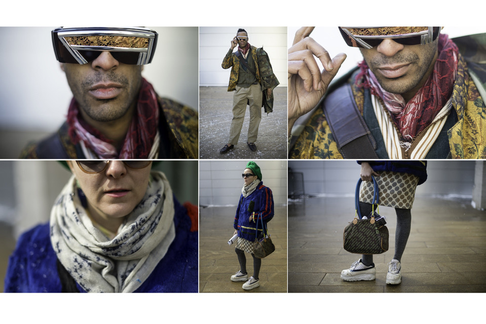     Jacob Graham, top row, poses while wearing Stevie Boi couture sunglasses. ‘Fashion week means internationally coming together to express yourself in the highest form,’ says Mr. Graham, who spends about $1,000 a month on fashion. Artist K8 Hardy, bottom row, says none of her pieces cost more than $100. ‘Fashion is about personal style and how you hold yourself,’ she says. ‘It doesn’t matter what you have on.’     Keith Bedford for The Wall Street Journal