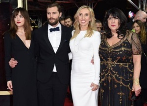 Taylor-Johnson with the lead actors Dakota Johnson and Jamie Dornan, and author E.L James at the premiere of 50 Shades of Grey. Photo credit: Britta Pedersen, EPA.