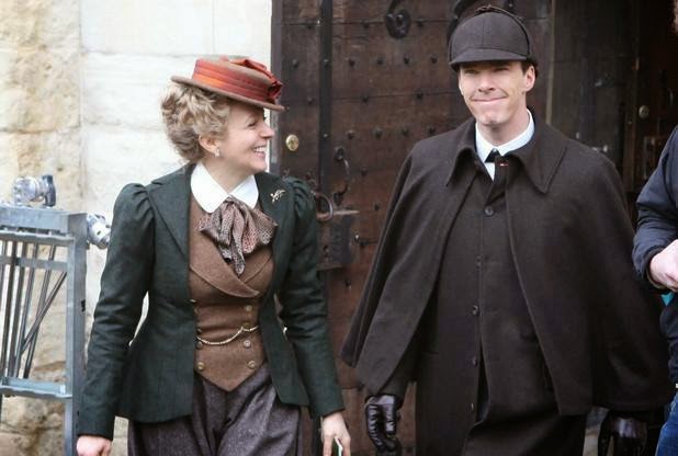 Amanda Abbington (Mary Watson) and Benedict Cumberbatch (Sherlock) on the set of the special episode. Photo Credit: BBC.