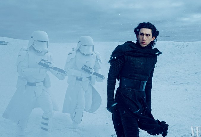 Leading the stormtroopers, Kylo Ren (Adam Driver) is the new antagonist. Photo Credit: Annie Leibovitz/Vanity Fair.