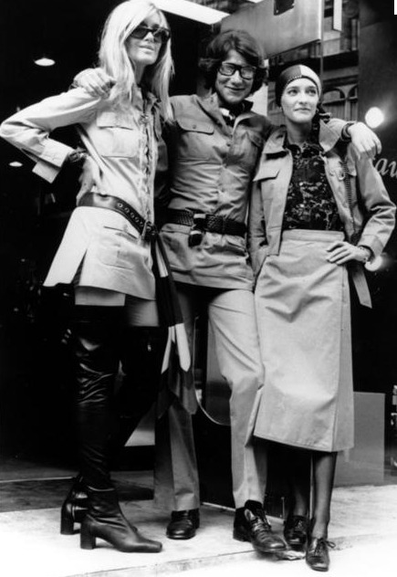 Saint Laurent with muses Betty Catroux and Loulou de la Falaise in safari jackets - Getty Images