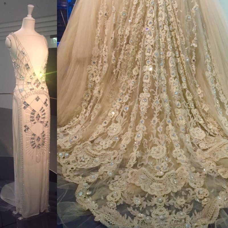 Left: A Collette Dinnigan Wedding Gown On Display Right: Swarovski Crystal Embellished Train On One Of Her Displayed Wedding Gowns. 
