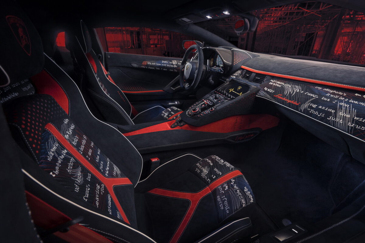 Interior of Yohji Yamamoto and Lamborghini's Aventador S. Photo credit: Lamborghini.